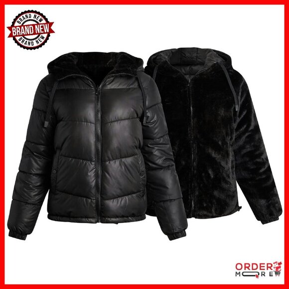 Jackets & Blazers - Reversible Quilted Parka Puffer Coat with Faux Fur Lined Hood